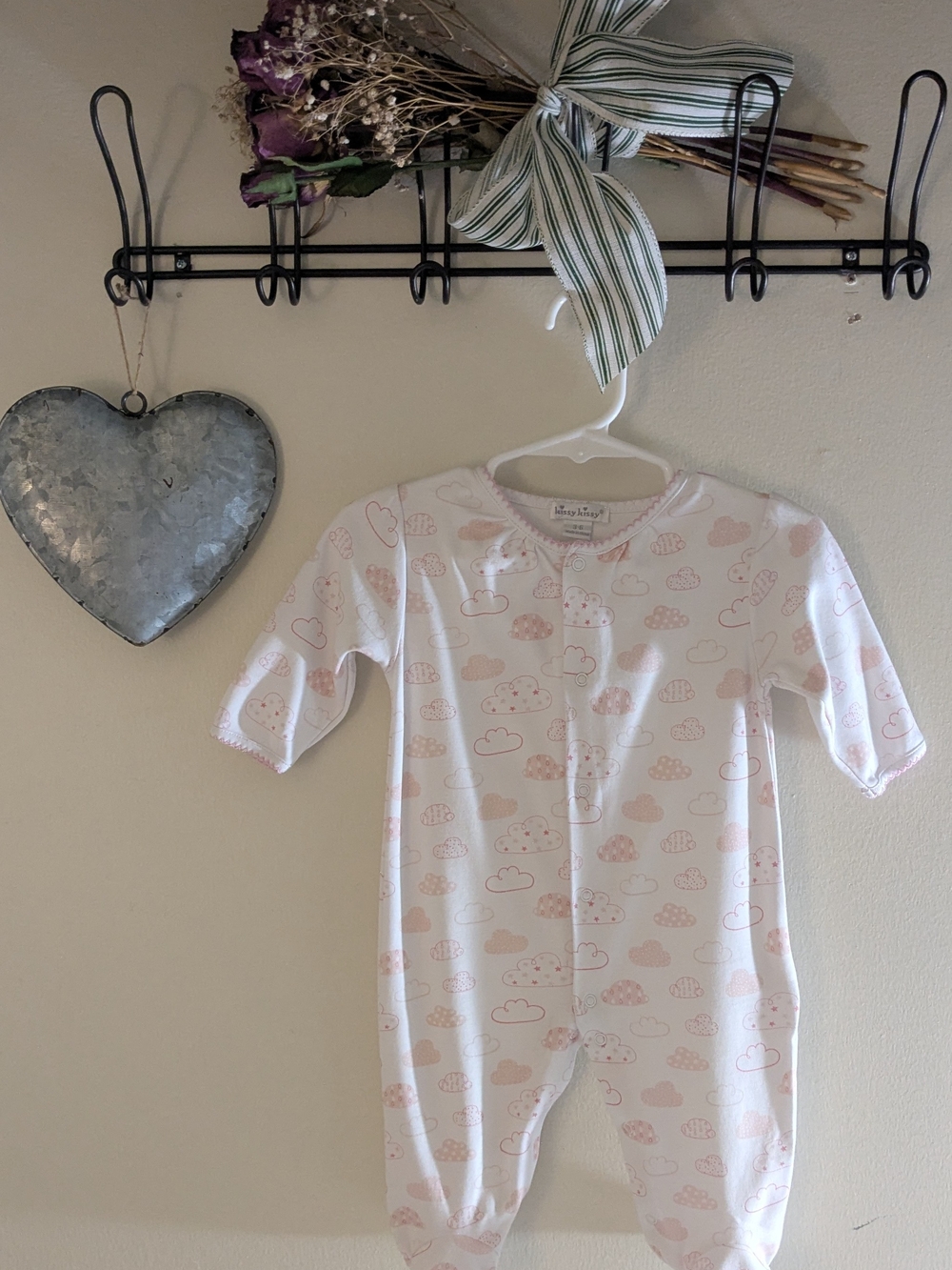 Kissy Kissy White One-Piece Footie with Light Pink Cloud Print